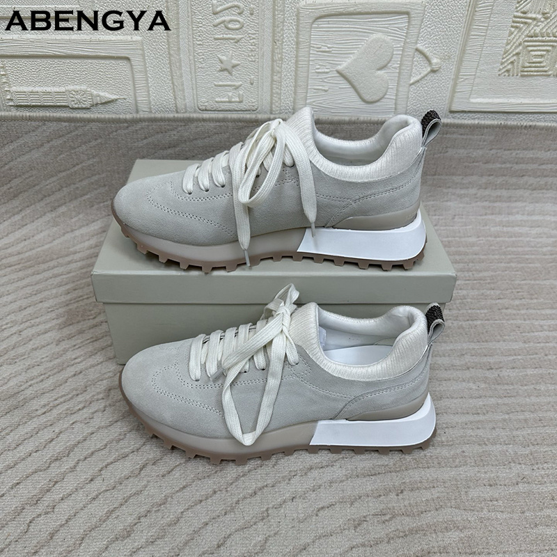 Knit Fabric Lace Up Sneakers - 2025 Beyaz Örme Süet Düz Loafer