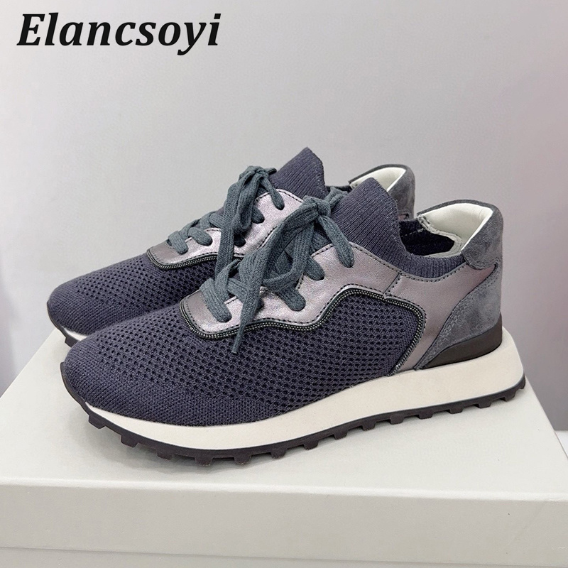 Düz ayakkabı kadın dize boncuk - Knit Fabric Lace Up Sneakers incelemesi ve fiyatı